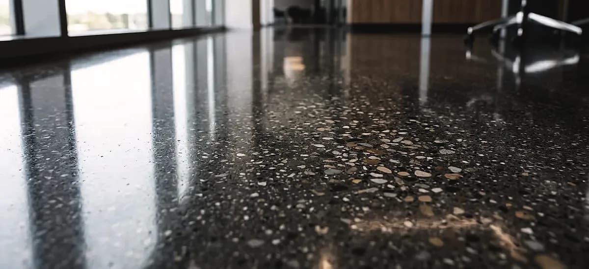 Close-up of a high gloss polished concrete floor showing mirror-like light reflectivity and aggregate exposure