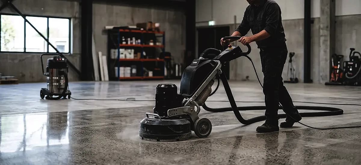 Professional contractor using a planetary grinder with diamond tooling for multi-stage concrete polishing