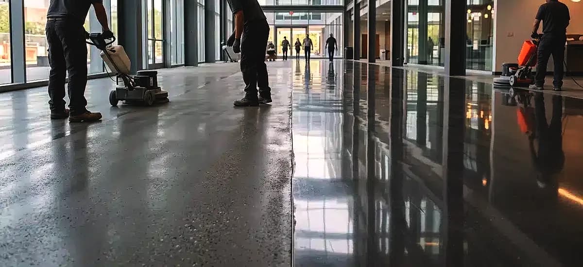 Comparison of a newly densified concrete surface next to a fully polished high gloss commercial floor