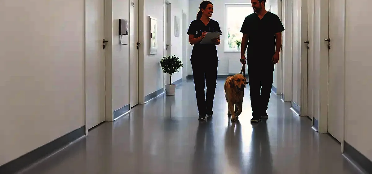 Veterinary clinic hallway featuring seamless, light gray epoxy flooring with integrated cove bases for maximum hygiene