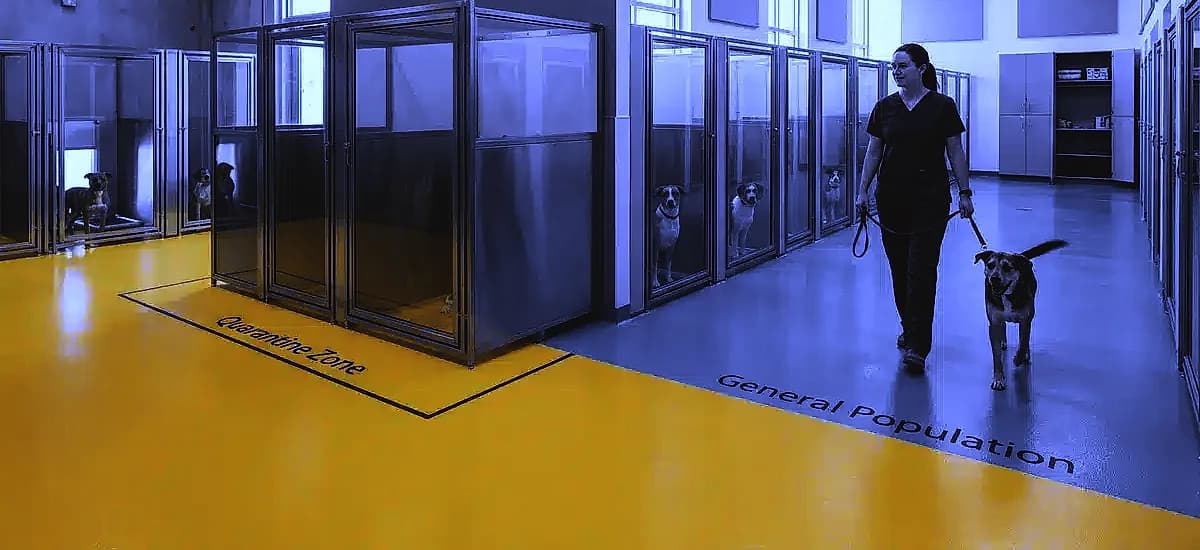Animal shelter boarding area showing color-coded epoxy floor zones for different quarantine and general population areas