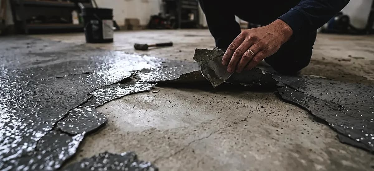 Close-up of peeling epoxy floor revealing smooth, improperly prepared concrete substrate underneath