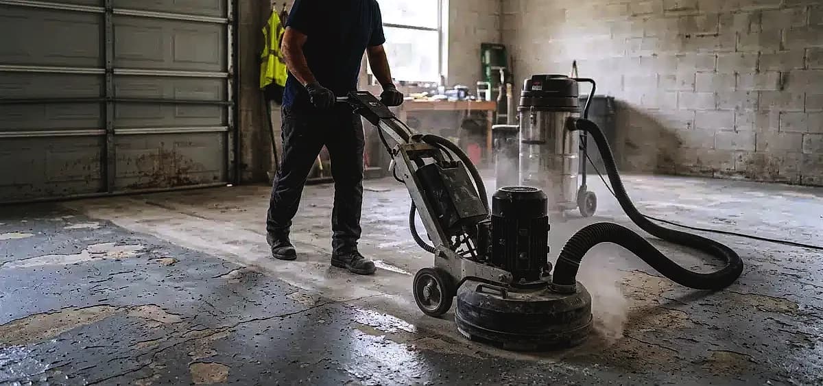 Professional contractor using a planetary diamond grinder to remove failed epoxy coating from a Miami garage floor
