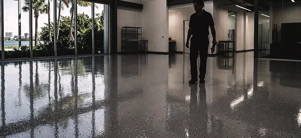 Newly repaired and coated epoxy floor in a Miami commercial facility with a high-gloss, durable finish
