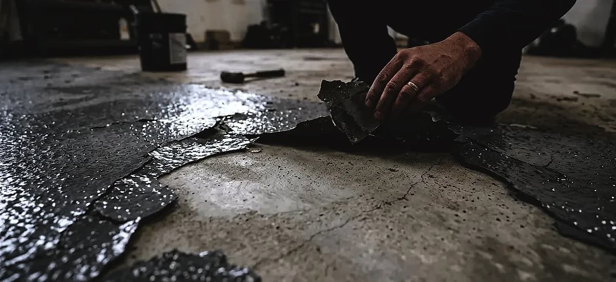 Close-up of peeling epoxy floor revealing smooth, improperly prepared concrete substrate underneath