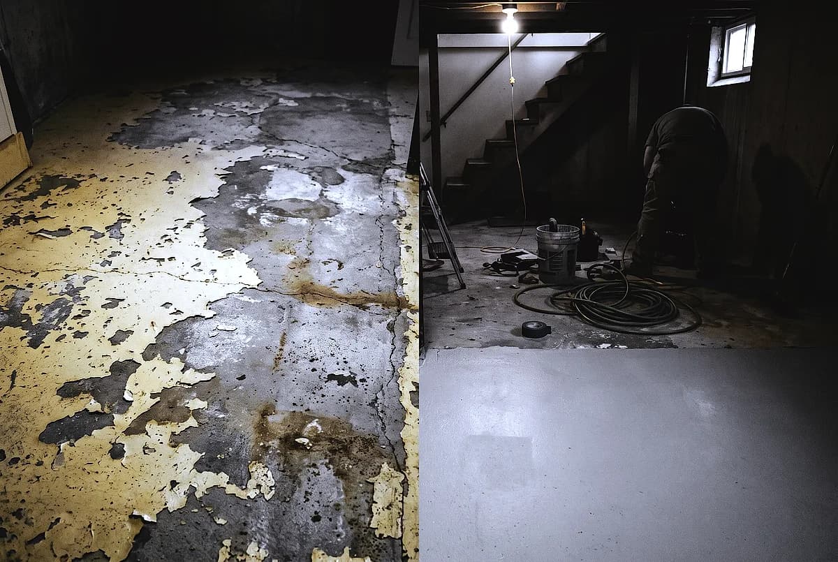 Old floor paint flaking off a basement slab beside a solid coating