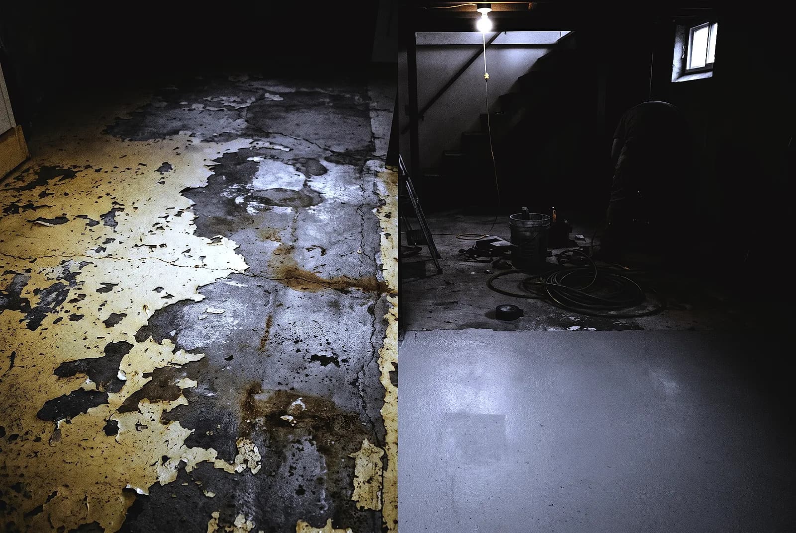 Old floor paint flaking off a basement slab beside a solid coating