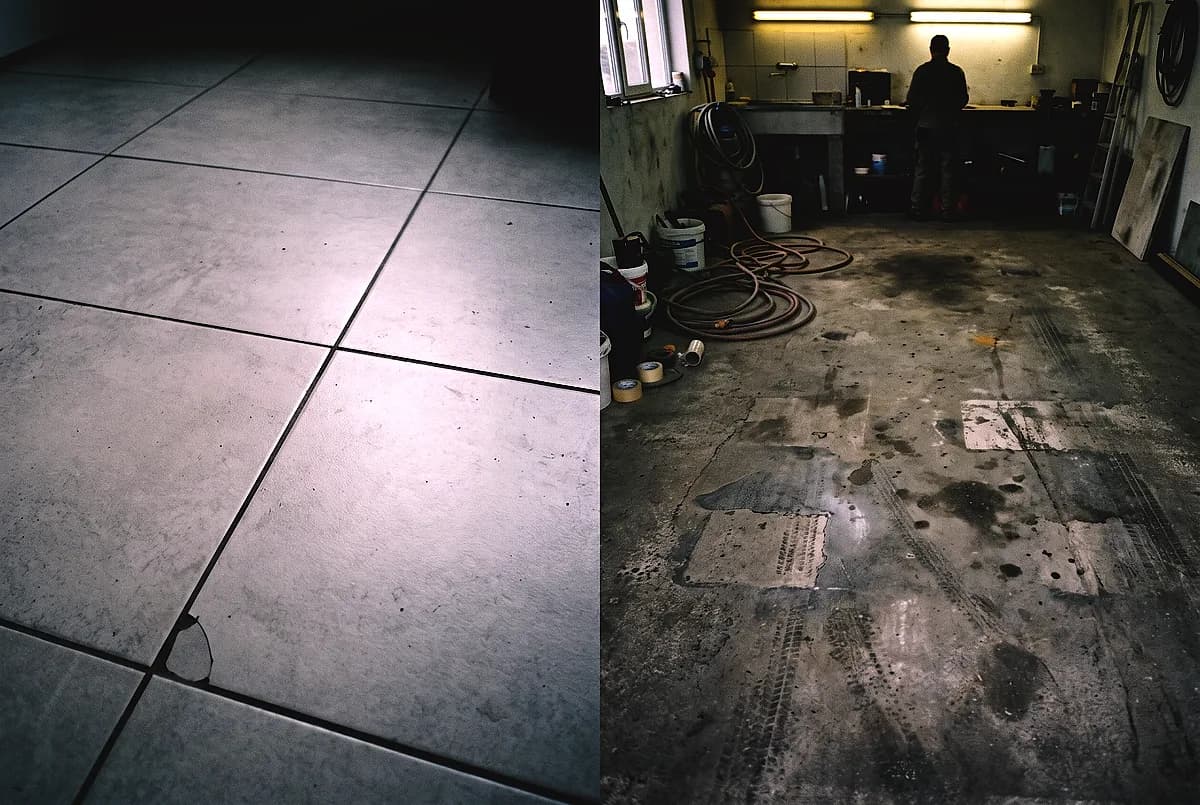 Porcelain tile and coated concrete meeting in a garage