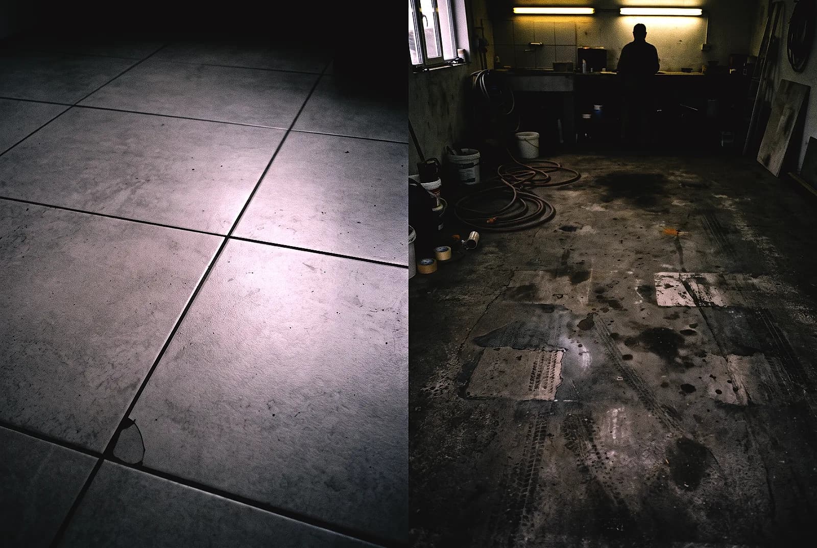 Porcelain tile and coated concrete meeting in a garage