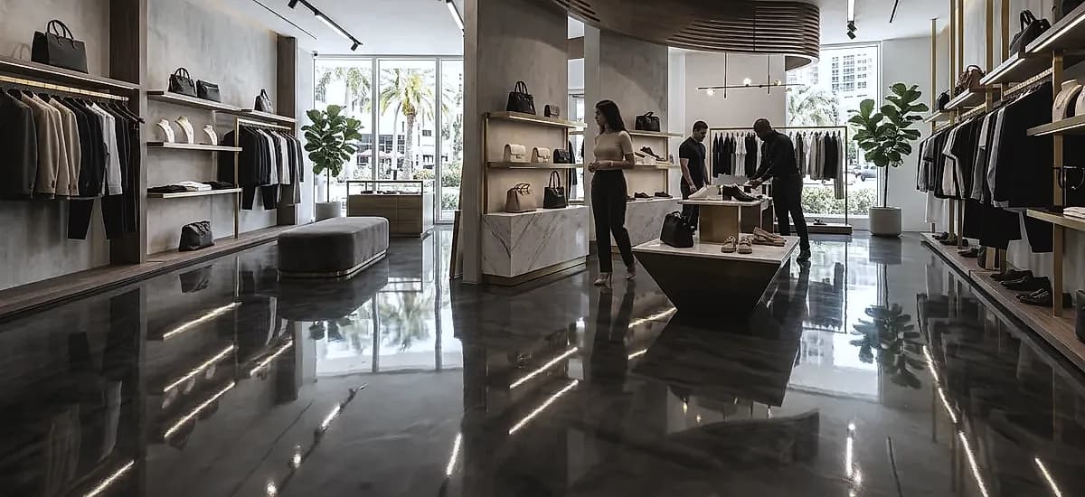 A Miami luxury retail boutique featuring a high-gloss charcoal metallic epoxy floor that reflects overhead lighting and highlights merchandise.