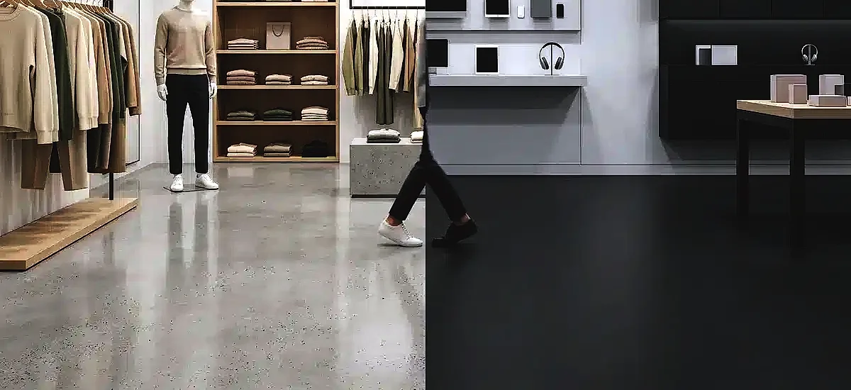 Comparison of different retail floor coating colors including light gray polished concrete for fashion and dark matte epoxy for electronics.