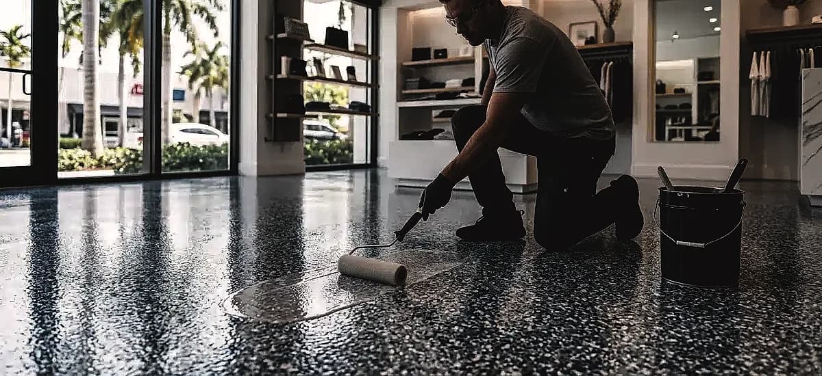 A professional flooring contractor applying a UV-stable polyaspartic topcoat over a colored epoxy base in a Miami retail storefront.