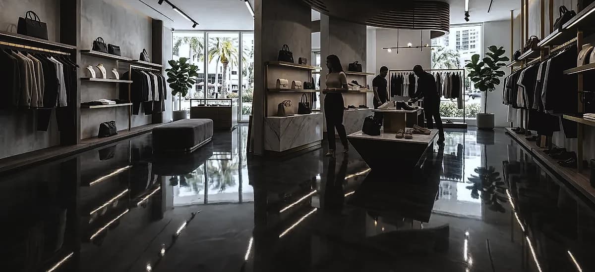 A Miami luxury retail boutique featuring a high-gloss charcoal metallic epoxy floor that reflects overhead lighting and highlights merchandise.