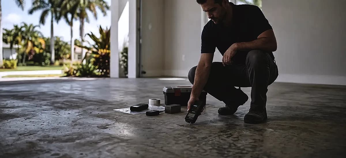 Professional flooring contractor performing moisture testing on a South Florida concrete slab before scheduling an epoxy installation