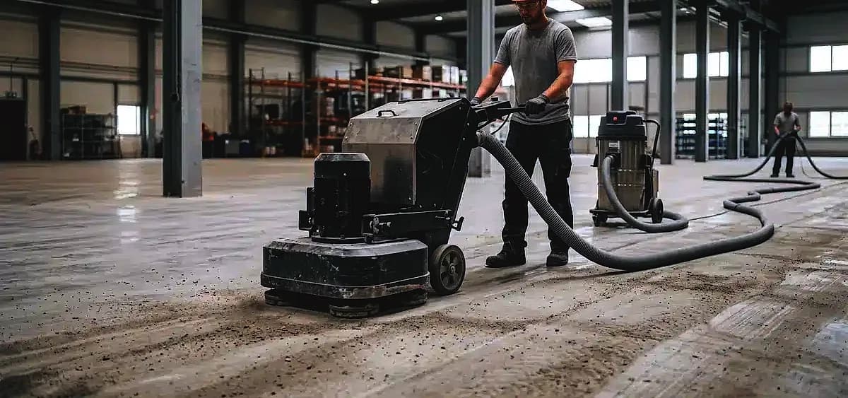Heavy duty planetary concrete grinder preparing a commercial warehouse floor for a new coating system