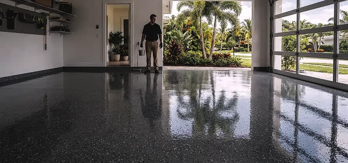 Beautifully finished residential garage floor coating curing perfectly in a South Florida home