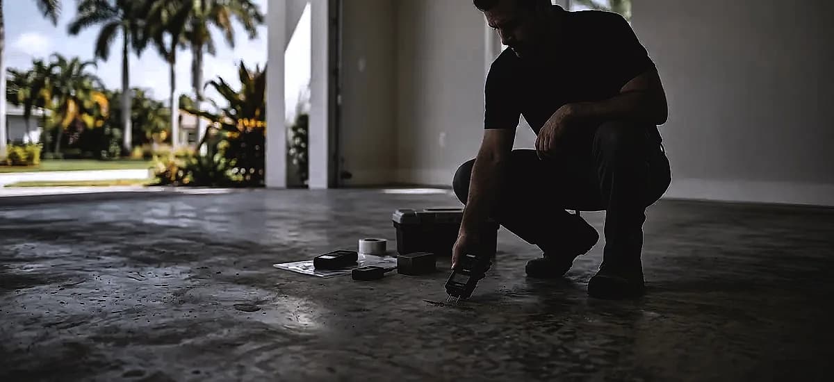 Professional flooring contractor performing moisture testing on a South Florida concrete slab before scheduling an epoxy installation