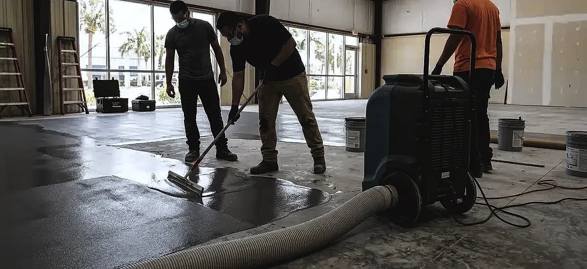 Professional contractors using industrial dehumidifiers during a commercial floor coating installation in Pompano Beach