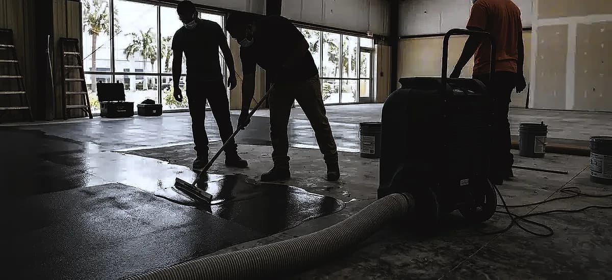 Professional contractors using industrial dehumidifiers during a commercial floor coating installation in Pompano Beach