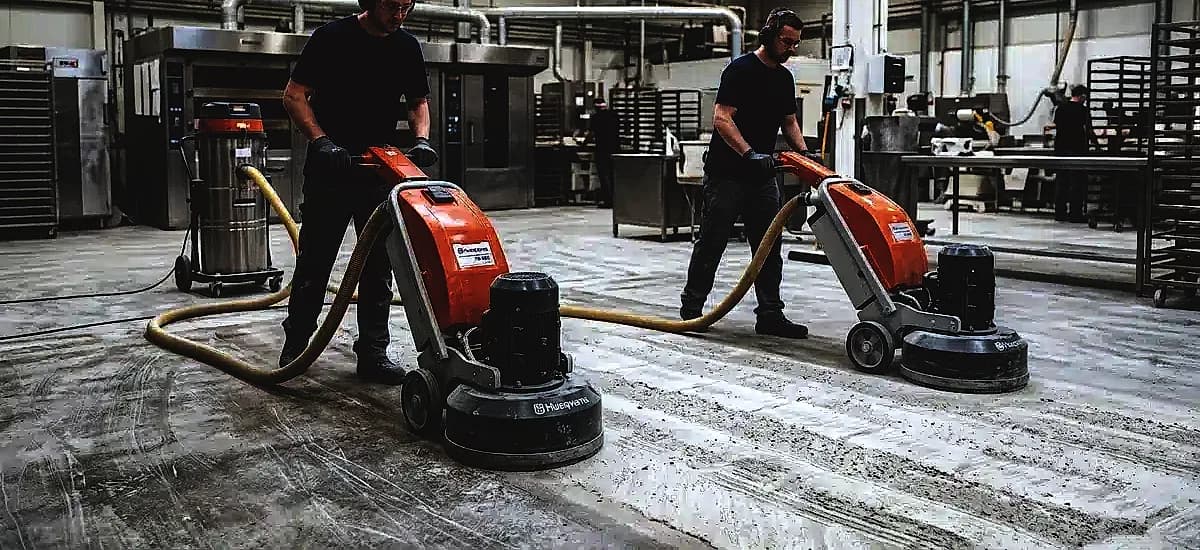 Technicians using planetary diamond grinders to prepare a commercial bakery concrete floor for epoxy coating