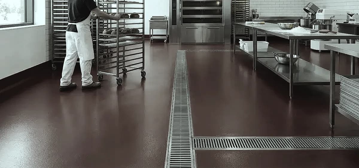 A clean, bright red urethane cement bakery floor with an integral cove base and stainless steel floor drains