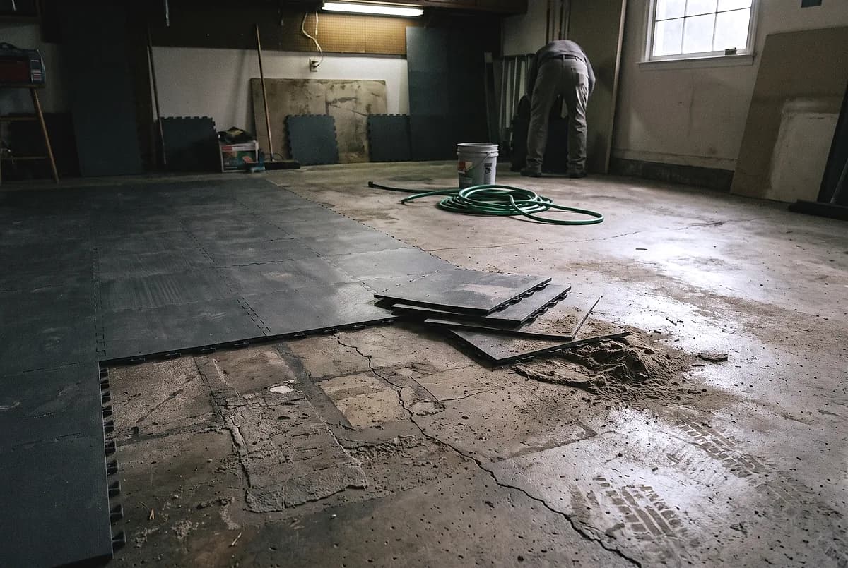 Interlocking garage tiles lifted to show the concrete underneath
