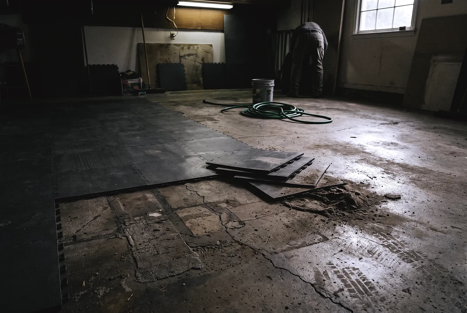 Interlocking garage tiles lifted to show the concrete underneath