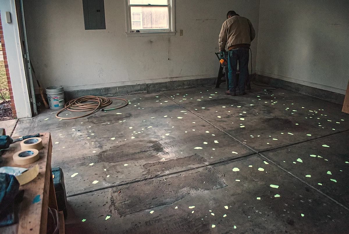 Photoluminescent flecks glowing in a floor coating in a dark garage