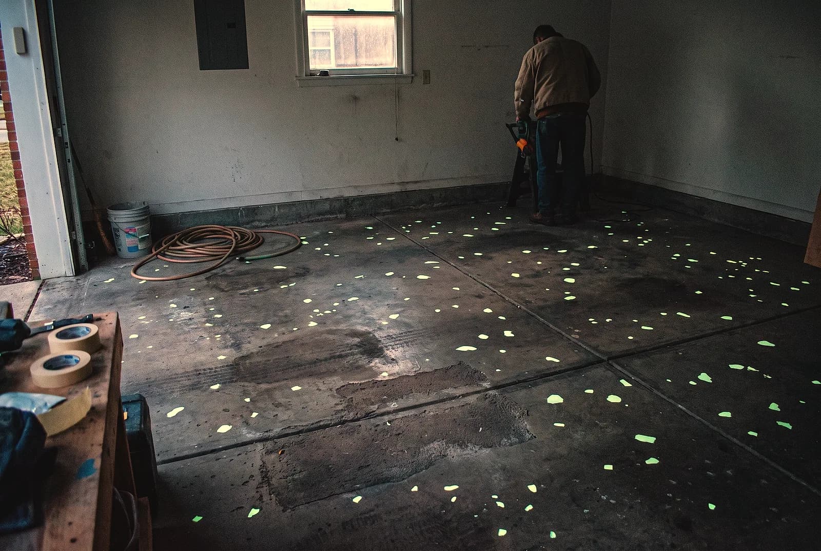Photoluminescent flecks glowing in a floor coating in a dark garage