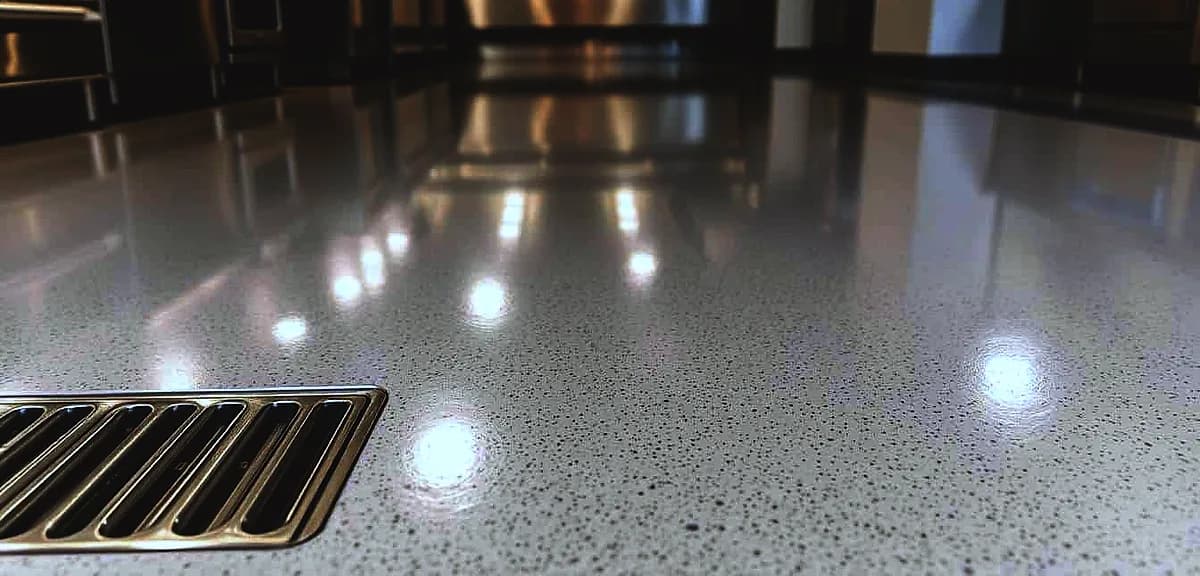 A sleek, modern commercial kitchen floor made of durable epoxy resin with a glossy, slip-resistant finish.