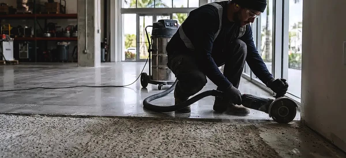 Technician using a hand-held edge grinder on a South Florida commercial concrete floor