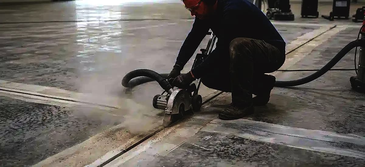 Professional flooring contractor using a v-blade diamond saw to chase and clean concrete joints before coating application