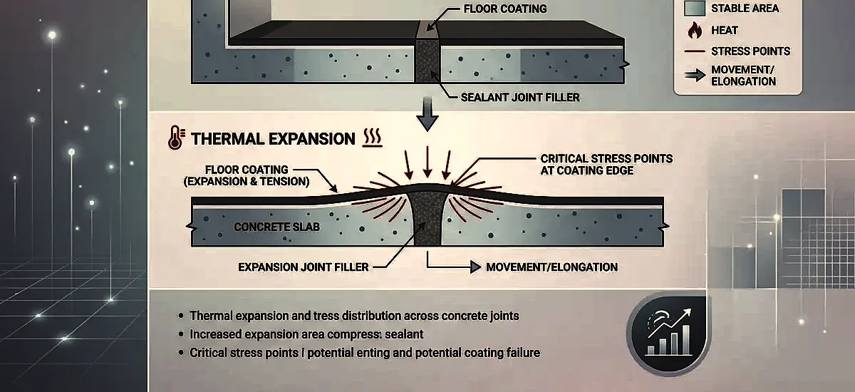 Diagram showing thermal expansion and stress distribution across concrete joints under a floor coating