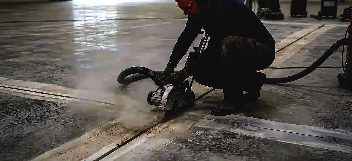 Professional flooring contractor using a v-blade diamond saw to chase and clean concrete joints before coating application