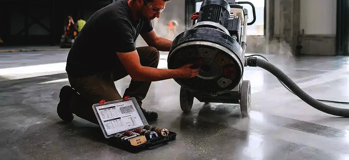 Concrete polishing machine operator adjusting diamond tooling based on the slab's chemical admixture profile