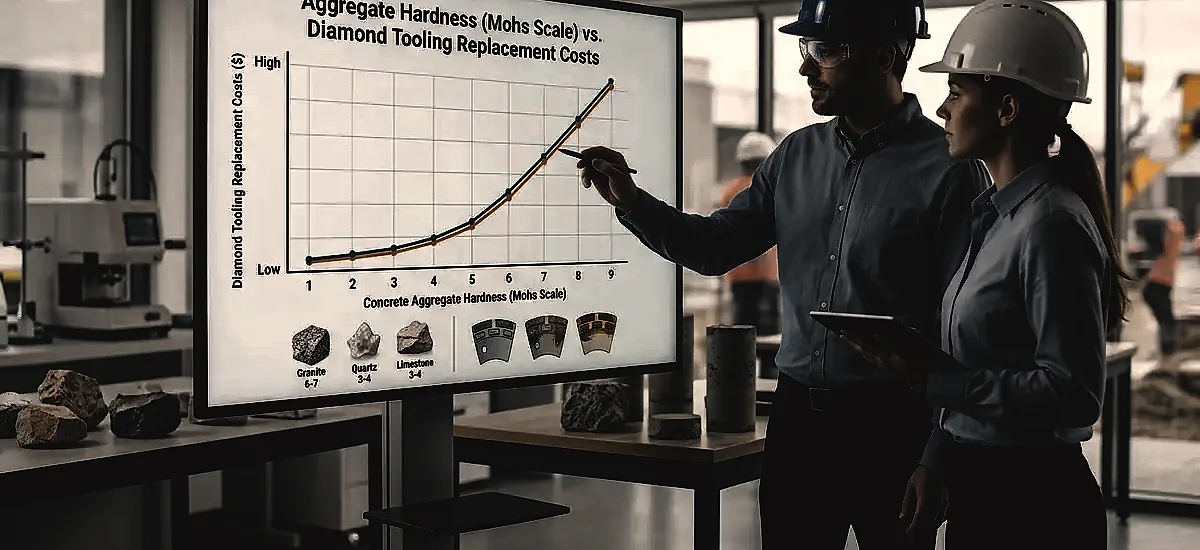 Graph illustrating the correlation between concrete aggregate hardness on the Mohs scale and diamond tooling replacement costs