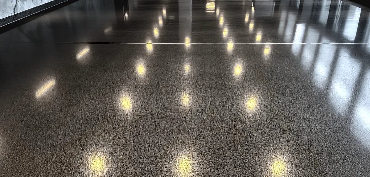 A high-traffic polished concrete floor in a modern commercial setting.