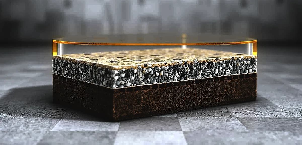 A highly detailed, photorealistic cross-section image of a durable polymer flooring composition, showcasing its intricate layered structure.