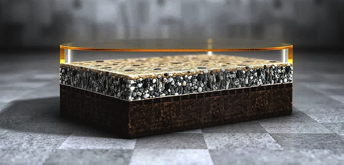 A highly detailed, photorealistic cross-section image of a durable polymer flooring composition, showcasing its intricate layered structure.