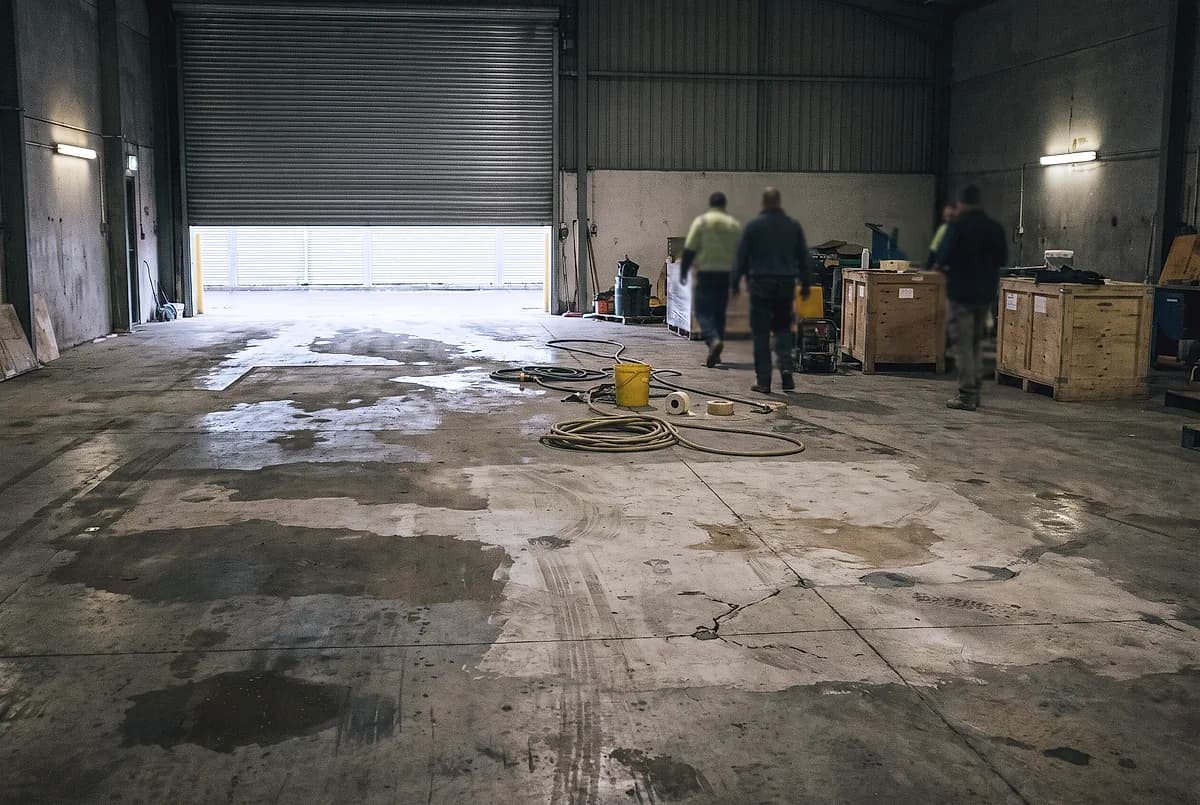A damp concrete slab in a humid warehouse, moisture sitting in patches
