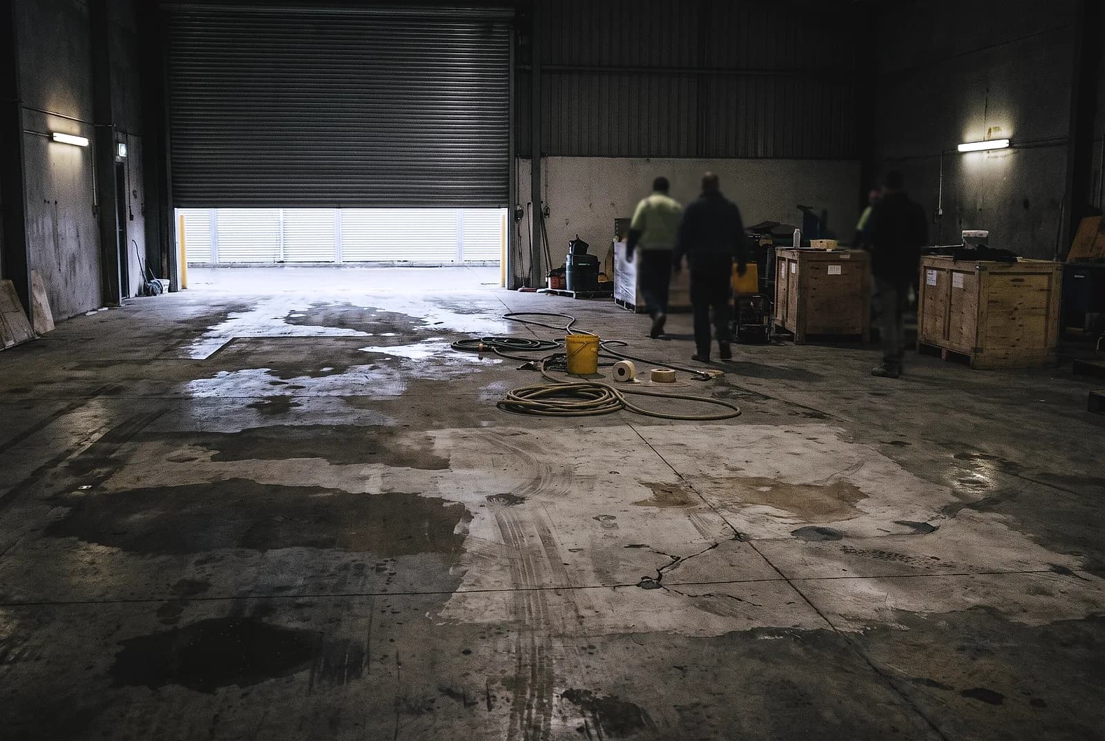 A damp concrete slab in a humid warehouse, moisture sitting in patches