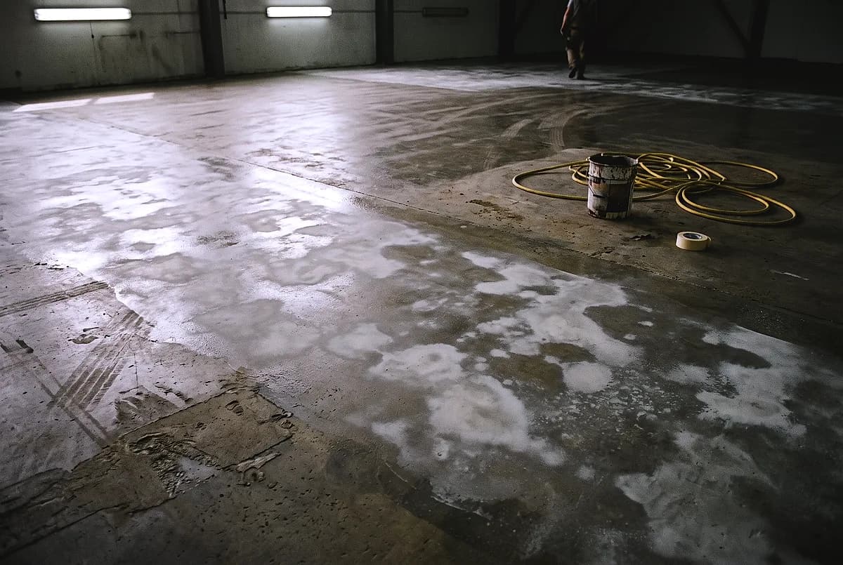 A cured coating gone cloudy and blotchy across a warehouse floor