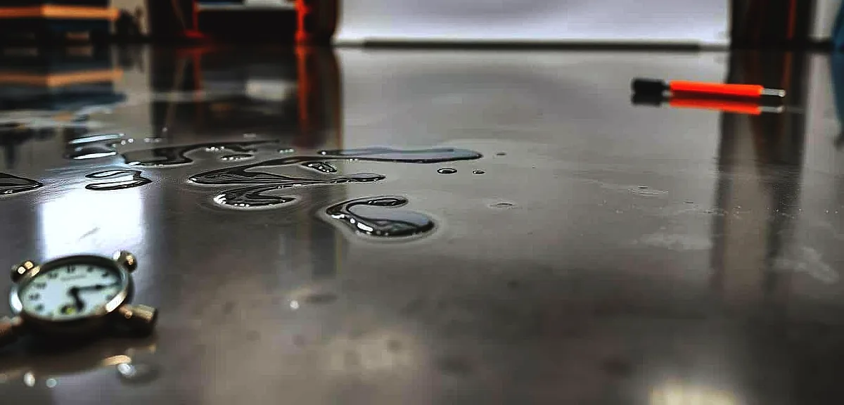 A detailed epoxy floor in a well-lit workshop setting. The smooth, glossy surface reflects the clean, bright lighting overhead.