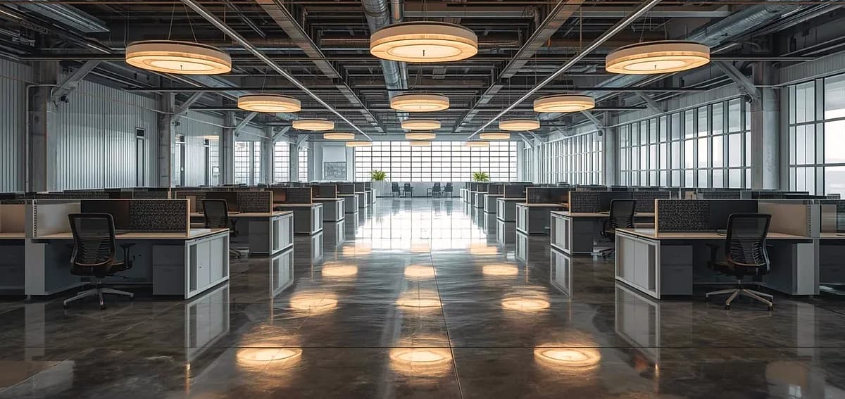 An open-plan office of workstations under round pendant lights, reflected in a polished concrete floor