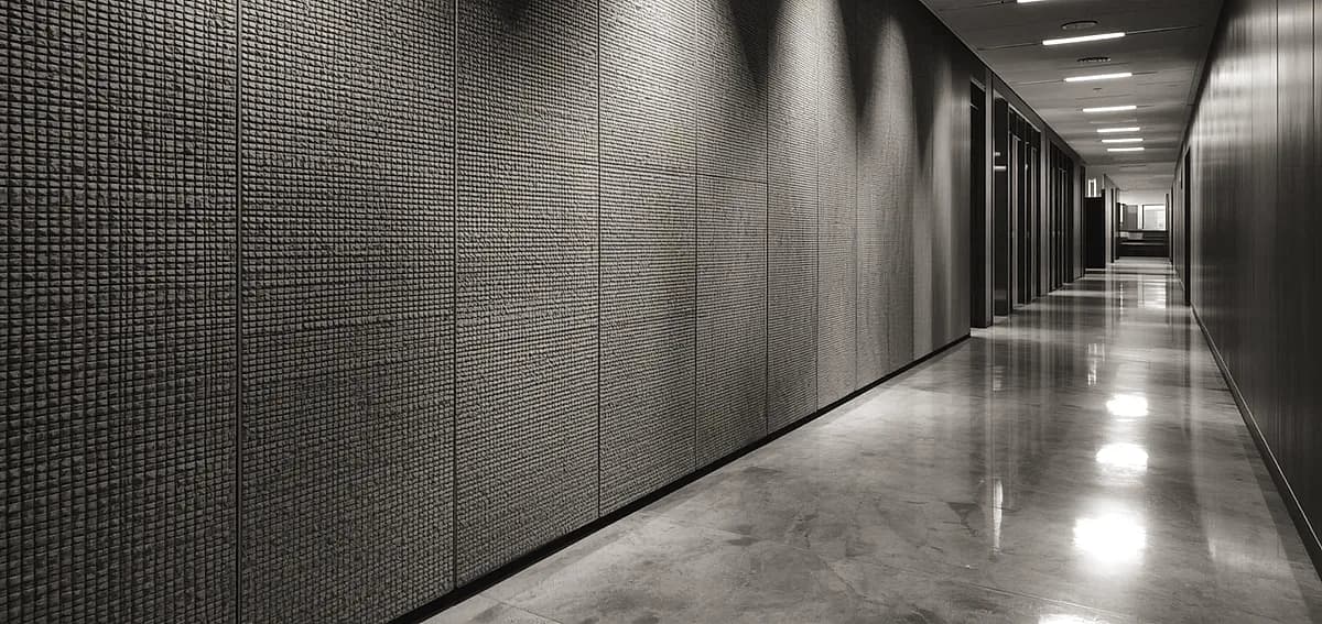 A corridor lined with dark textured acoustic wall panels beside a light polished concrete floor