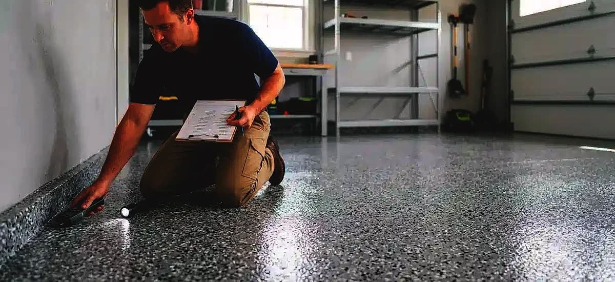 Professional inspecting a clean, undamaged polyaspartic garage floor after a hurricane