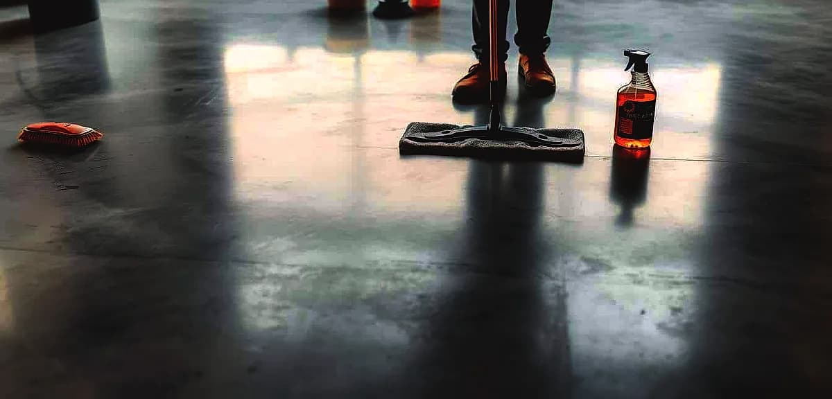 A well-lit, high-resolution image of a pristine concrete floor undergoing maintenance.