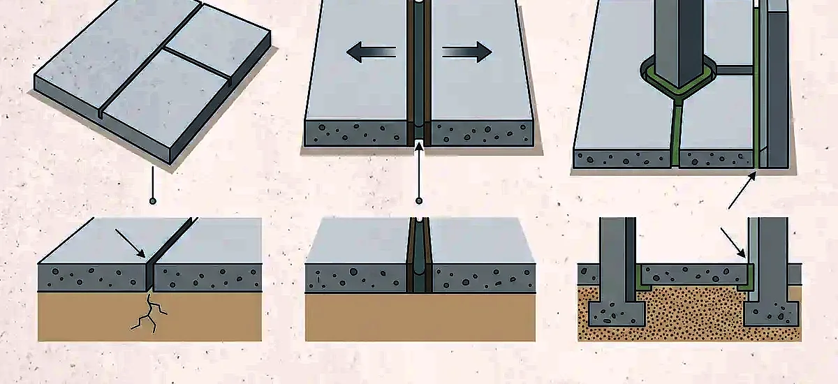 Diagram showing the difference between control joints, expansion joints, and isolation joints in a commercial concrete floor
