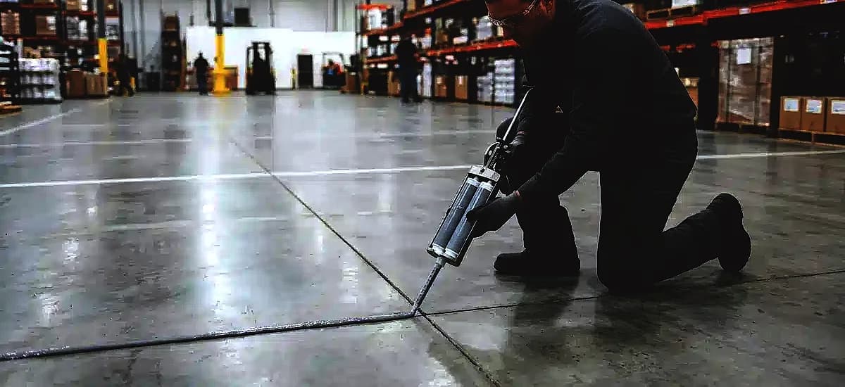 Contractor using a dual-cartridge pump to apply polyurea joint sealant into a commercial warehouse floor