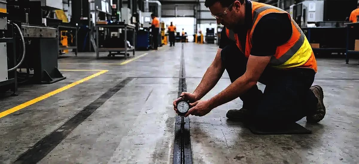 Quality control inspector testing the shore hardness of a newly sealed concrete joint in a manufacturing facility